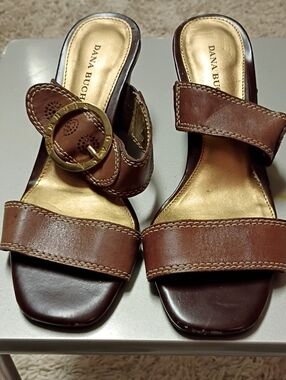 Dana Buchman Brown Leather Slide Mules with Gold Accent